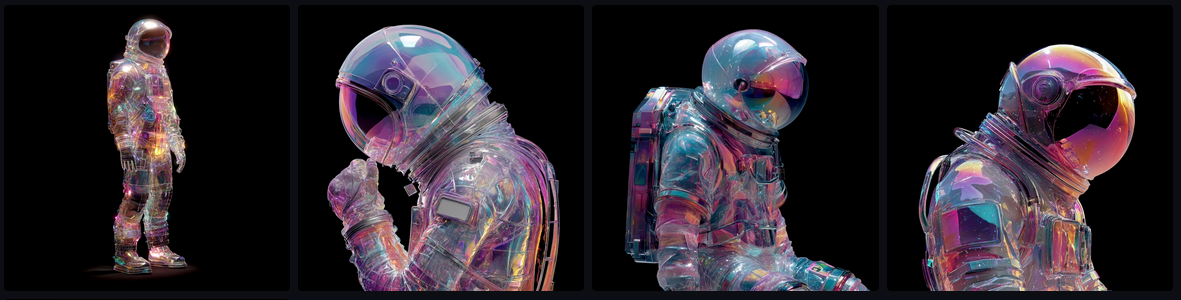 Colorful astronaut figure in various poses against a black background